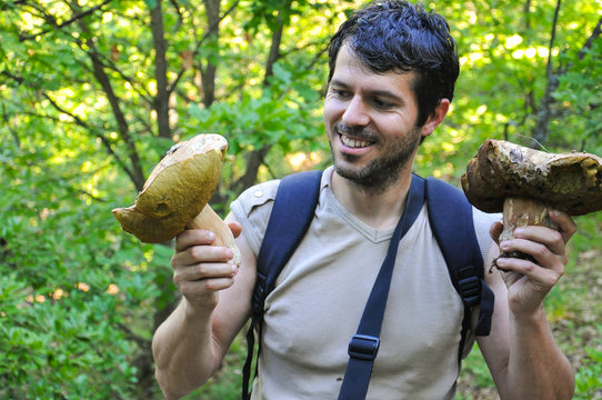 Portrait of man holding two giant porcini mushrooms. Happy man picking big boletus edulis or cap mushrooms in forest