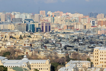 Obraz premium Panorama on the Baku Old and New City, Azerbaijan. Texture and background Baku. Baku skyline panoramic view from the Martyrs Lane.
