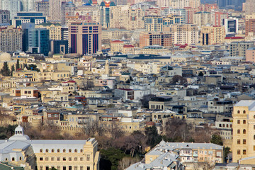 Fototapeta na wymiar Panorama on the Baku Old and New City, Azerbaijan. Texture and background Baku. Baku skyline panoramic view from the Martyrs Lane.