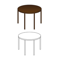 Round Wooden Table and Outline isolated on White Background.