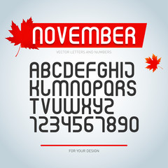 November font, set of stylized alphabet letters and numbers. vector, regular font type. stylish typeface design. modern typesetting