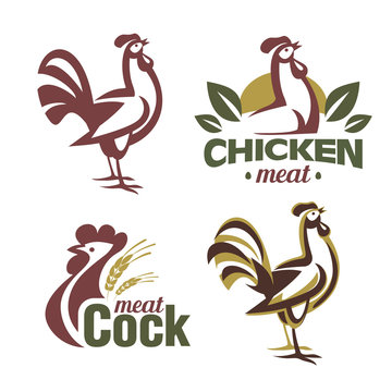 cockerel and chicken logo template, stylized vector symbol collection