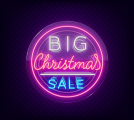 Christmas sale discounts, card postcard in neon style. Neon sign, bright poster, luminous night advertising Christmas sales. Vector illustration. Neon sign on transparent glass