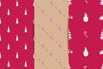 Winter christmas collection of seamless patterns with christmas tree, candy cane and snowman. Vector illustration