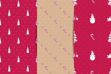 Fototapeta premium Winter christmas collection of seamless patterns with christmas tree, candy cane and snowman. Vector illustration