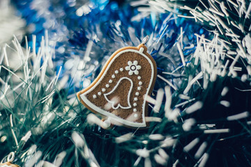 Christmas decoration with bell on christmas tree.