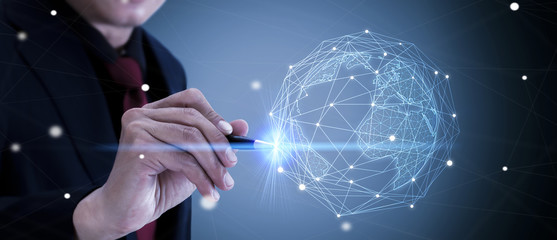 Businessman holding global network and data exchanges over the world