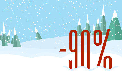 Winter forest landscape,snowy sky. Red Percent on snow.Flat style