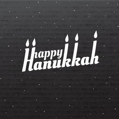 Happy Hanukkah. Font composition with candles on cardboard texture in vintage style. Vector Holiday Religion Illustration. Jewish Festival Of Lights. Decoration element