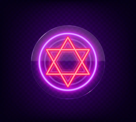 Star of David, neon sign. The symbol of Judaism. Vector illustration. Neon sign on transparent glass