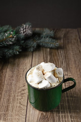 Autumn and winter hot drinks. Ideas for Christmas, Thanksgiving, Halloween. Cup with hot spicy cappuccino, with marshmallow and cinnamon. Cozy, sweater. Copy the location above