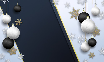 Merry Christmas - background with gold glitter nad snow snowflakes with baubles ( xmas , holiday , new year )