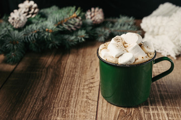Autumn and winter hot drinks. Ideas for Christmas, Thanksgiving, Halloween. Cup with hot spicy cappuccino, with marshmallow and cinnamon. Cozy, sweater. Copy the location above
