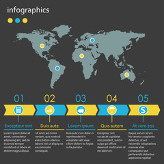 Fototapeta na wymiar Infographics template with World map and 5 steps, option or levels. Business infographic concept with 5 arrows . Vector illustration.