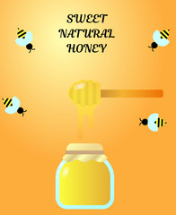 Flat simple image with honey and bees isolated on orange background with text. Colorful outline banner with chopstick. Vector illustration with honey stick. Card with apiary product. Honeycombs.