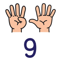 Kid's hand showing the number nine hand sign.