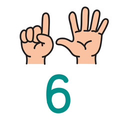 Kid's hand showing the number six hand sign.