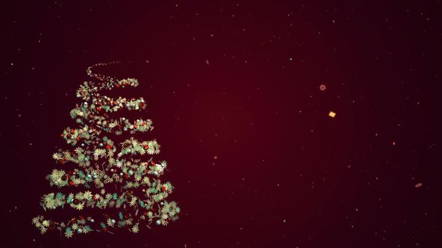 Christmas Tree Growing.3D render on Red background.Make your Christmas Card and New Year Eve perfect adding Growing Christmas Tree and confetti Particles.