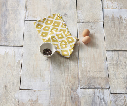 beautiful breakfast and chicken egg with papper style wooden background