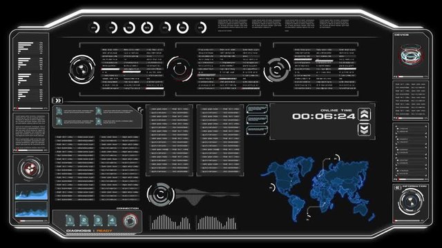 4K Animation UI User Interface with world map data HUD pi bar text box table and element on dark abstract background for futuristic technology concept