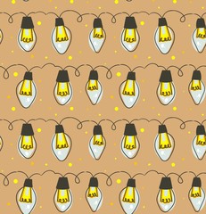Fototapeta premium Hand drawn vector abstract fun Merry Christmas time cartoon rustic festive seamless pattern with cute illustrations of lights bulb garland isolated on craft paper background