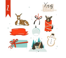 Hand drawn vector abstract cartoon classic Merry Christmas time illustrations decoration elements collection set with surprise gift boxes,dog,deer and gingerbread cookie isolated on white background