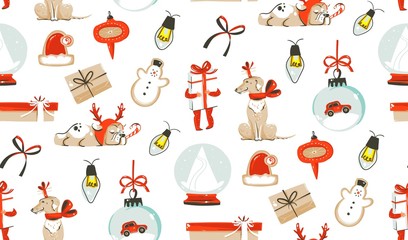 Hand drawn vector abstract fun cartoon classic Merry Christmas time illustrations decoration elements seamless pattern with surprise gift boxes,dog,children and snow ball isolated on white background
