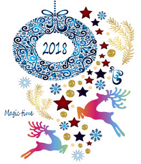 Christmas vivid card - Christmas decor, beautiful rainbow Christmas deer. glitter style - bright and creative festive decor - idea for a greeting card