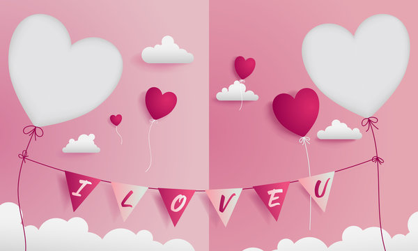 Valentine greeting card has 2 die-cuts on left and right for a sweet couple.Card contain flags are representing I LOVE U hanging by red string and heart balloons are flowing through the cloud.