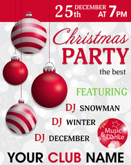 Christmas party invitation template with hung red baubles. Decorative balls elements for holiday design. Vector