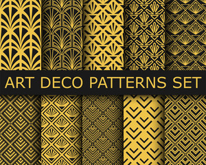 Collection of art-deco ornamental seamless patterns. Set of ten geometric backgrounds.