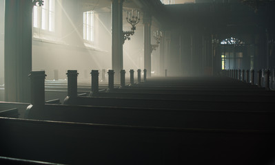 Mystic foggy interior of a church