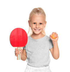 Cute little girl with tennis racket and ball on white background