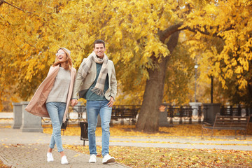 Young couple walking in park on autumn day