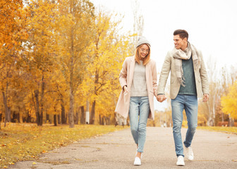 Young couple walking in park on autumn day - obrazy, fototapety, plakaty