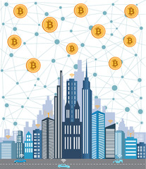 Bitcoin concept and network of connected icons.Business financial network city background.Global business connection concept.