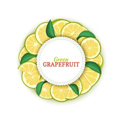 Round colored frame composed of tropical green grapefruit. Vector card illustration. Circle citrus pomelo citrus fruit frame for design of food packaging juice breakfast, cosmetics, tea, detox diet