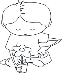 Fototapeta premium Boy irrigating flower – lineart
