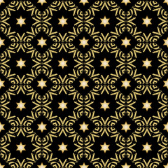 Vector luxury seamless patterns with gold stars on a black background. Decorative ornament for fabric, textile, wrapping paper.