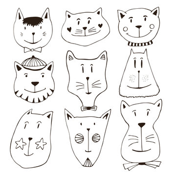 Cute cat doodle sketch line icons set. Hand drawn characters for poster, placard, t-shirt design.