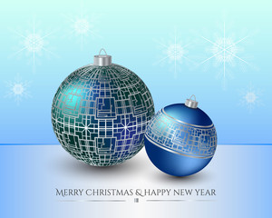 Christmas card. Blue Christmas toys with the silver ornament. Background with the snowflakes.