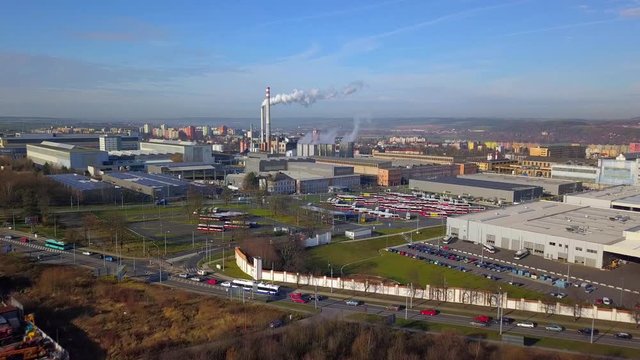 Flight to industrial zone in Pilsen, Czech republic, European union. Heavy industry from above.