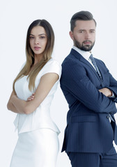 Portrait of business people back to back against white backgroun