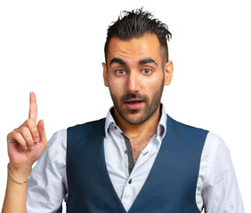 Young man thinking or using his imagination isolated on white background