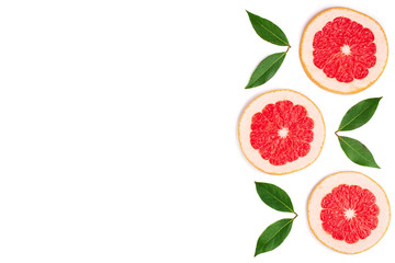 Grapefruit slices with leaves isolated on white background with copy space for your text. Top view. Flat lay pattern