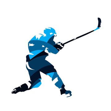 Ice hockey player shooting puck, abstract blue vector silhouette