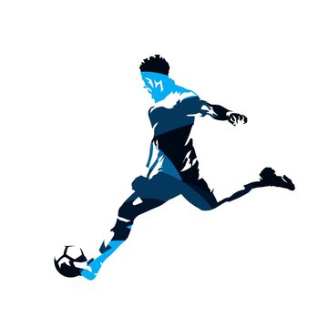 Soccer player kicking ball, abstract blue vector silhouette, side view