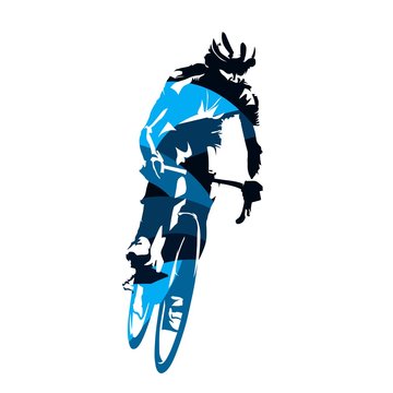 Road cycling, cyclist riding bike, abstract blue vector silhouette, front view