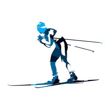 Cross country skier, abstract blue vector silhouette, side view