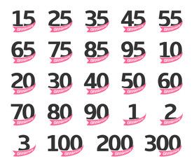 Anniversary emblems collection with pink ribbon, isolated vector logo element.